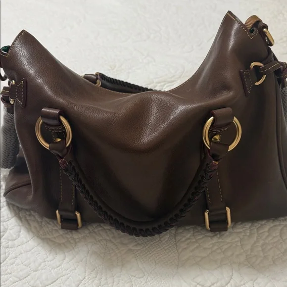 Dooney & Bourke Brown Leather Shoulder Bag with Red Accents